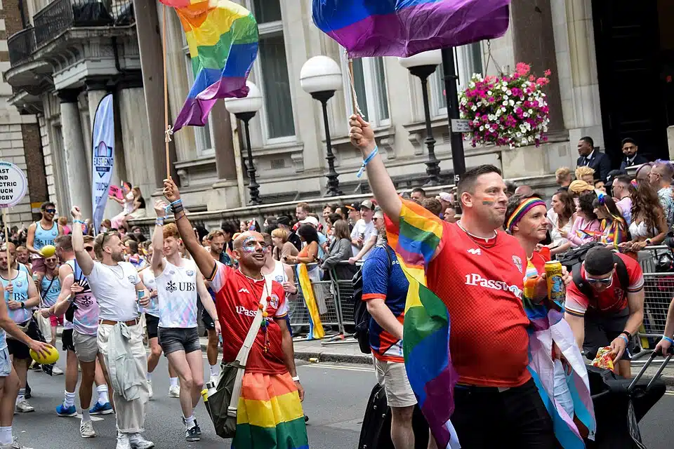 Participants carry rainbow Pride flags during the London Pride march in Soho, where Jewish attendees were later subjected to antisemitic abuse as Metropolitan Police officers made no arrests.