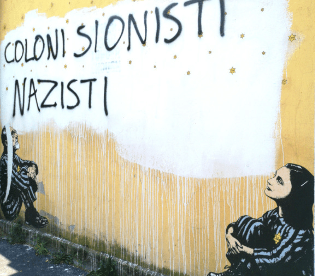 Antisemitic graffiti reading "Coloni Sionisti Nazisti" ("Zionist Settler Nazis") defaces a Milan mural depicting Anne Frank and Holocaust survivor Primo Levi.