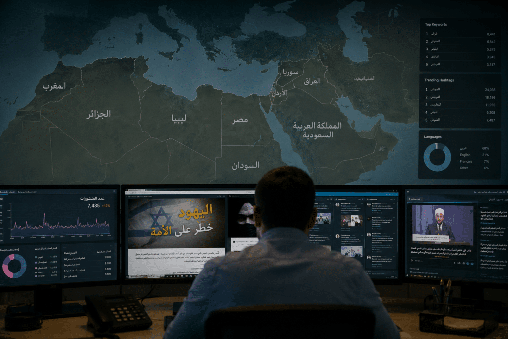 An analyst monitors Arabic-language media and online content from across the Middle East and North Africa using multiple screens displaying news, social media, and data dashboards.