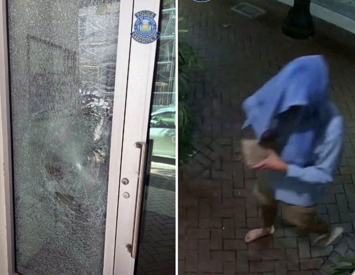 Shattered window at Chabad of Downtown Sarasota and surveillance image of the suspect accused of throwing a brick at the synagogue.