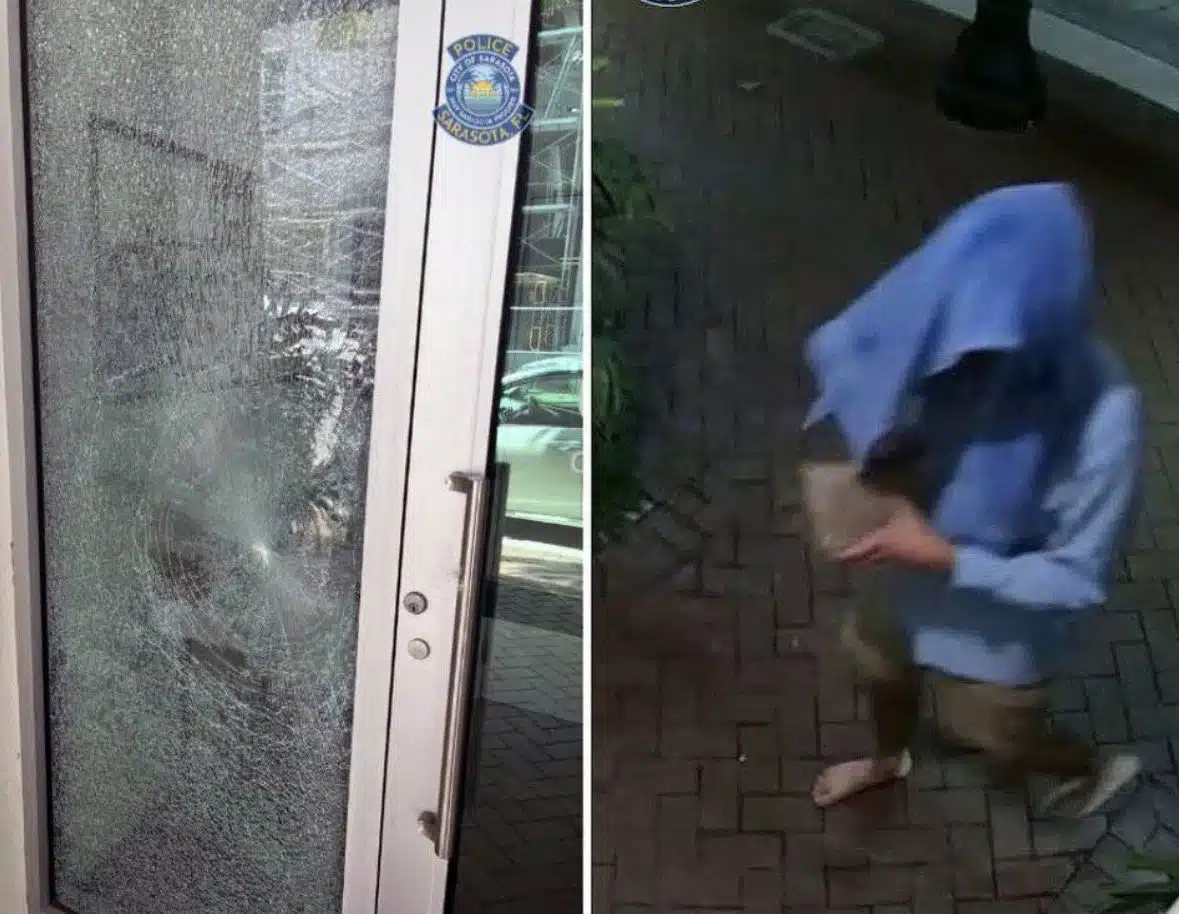 Shattered window at Chabad of Downtown Sarasota and surveillance image of the suspect accused of throwing a brick at the synagogue.