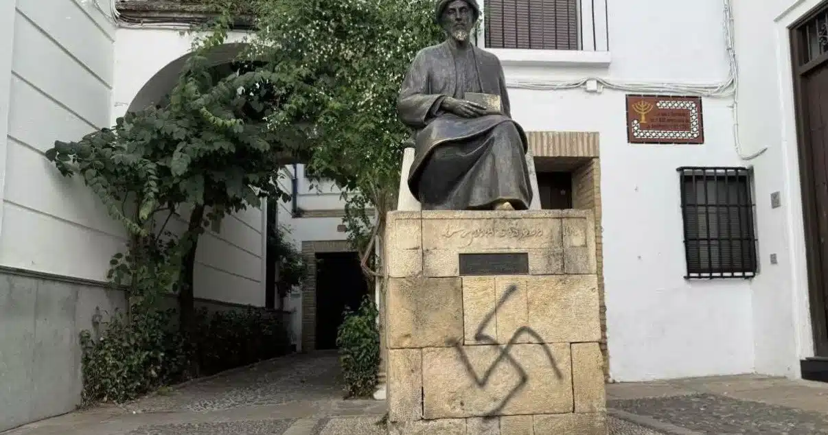 Swastika spray-painted on the base of the Maimonides (Rambam) statue in Córdoba's historic Jewish quarter, Spain.