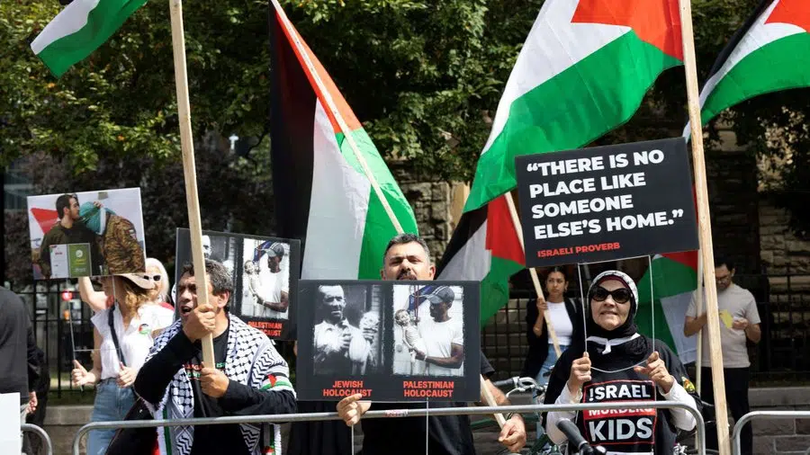 Pro-Palestinian demonstrators hold Palestinian flags and anti-Israel signs