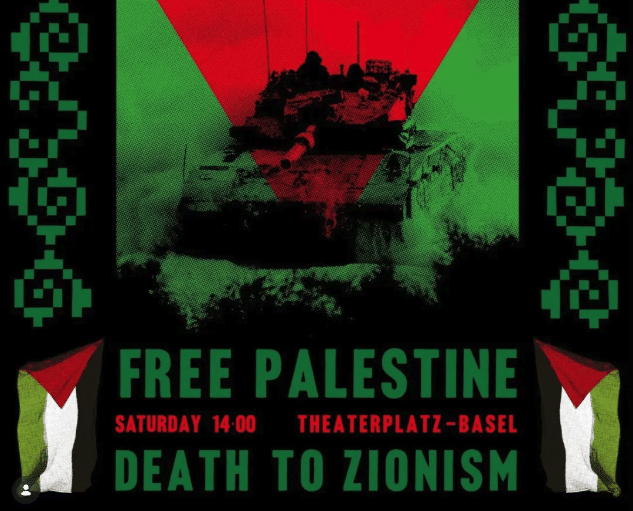 Basel rally flyer showing an Israeli tank beneath a red triangle and the slogan “Death to Zionism.”