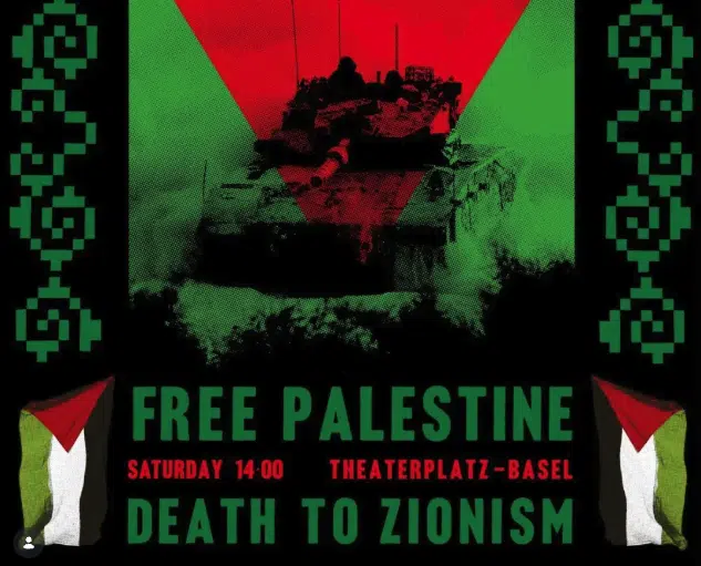 Basel rally flyer showing an Israeli tank beneath a red triangle and the slogan “Death to Zionism.”