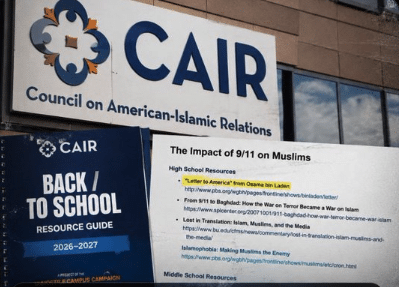 CAIR sign beside its 2026–2027 Back-to-School Resource Guide and a 9/11 curriculum listing bin Laden’s manifesto.