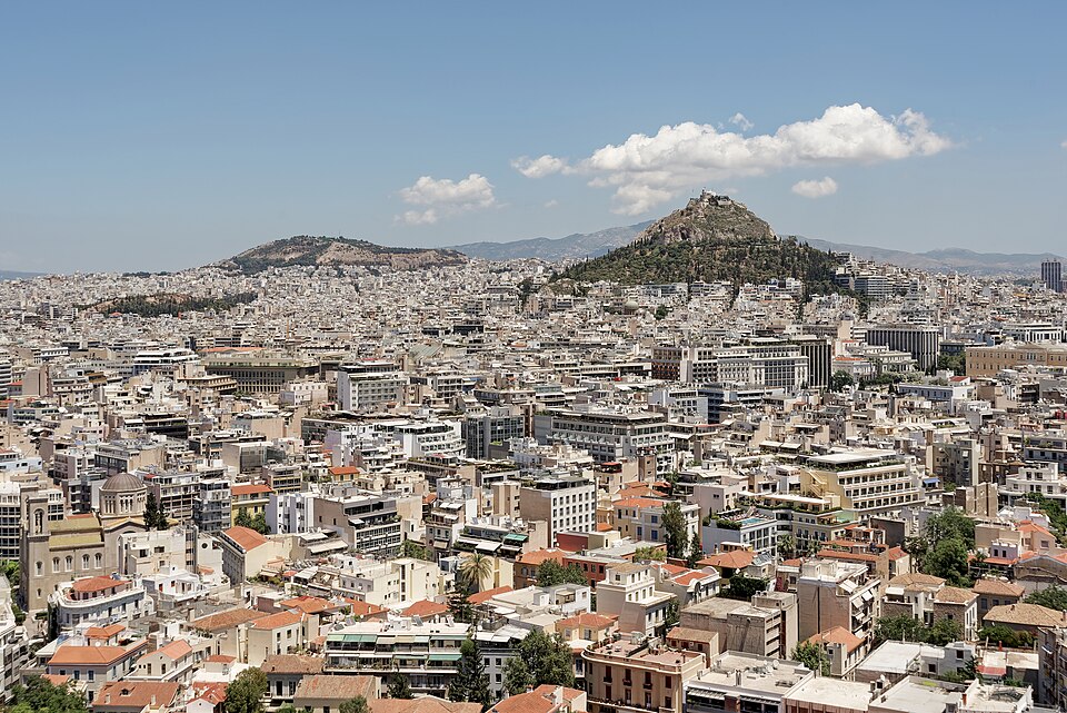 Panoramic view of central Athens and Lycabettus Hill, Greece.