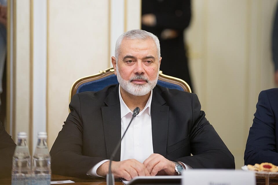 Ismail Haniyeh seated at a table during a meeting in Moscow in March 2020.