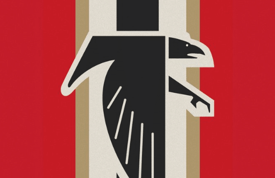 Atlanta Falcons bird logo against a red background with black, white, and gold vertical stripes, drawing comparisons to a Nazi-era flag.